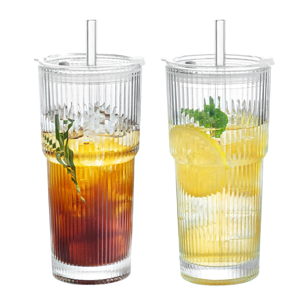 1/2pcs 600ml Coppa di vetro a strisce con coperchio e paglia succo trasparente, acqua, e caffè freddo bicchiere da bere