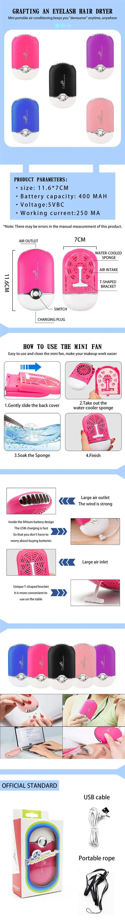 MASSA Mini ciglia USB Ventilatore di colla di lavaggio rapido, strumento di estensione delle ciglia per il trucco professionale