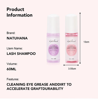 Natuhana 60ml Ciglia Shampoo Extension Mousse Lash Cleaning Schiuma per False Ciglia, Gentle e non irritante strumento di trucco