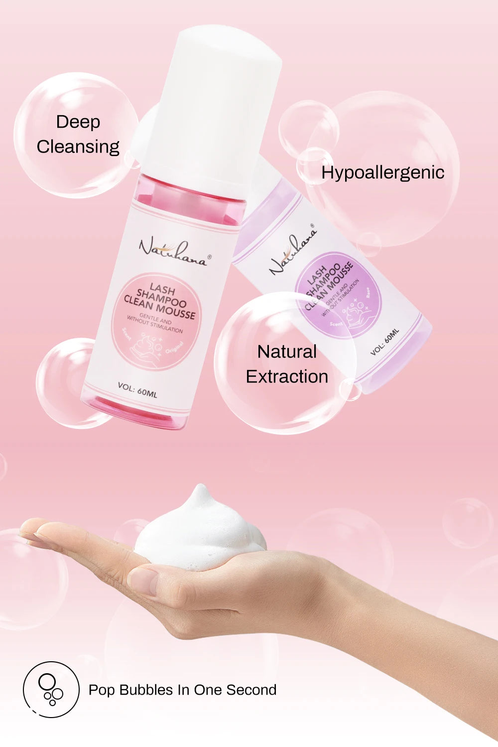 Natuhana 60ml Ciglia Shampoo Extension Mousse Lash Cleaning Schiuma per False Ciglia, Gentle e non irritante strumento di trucco