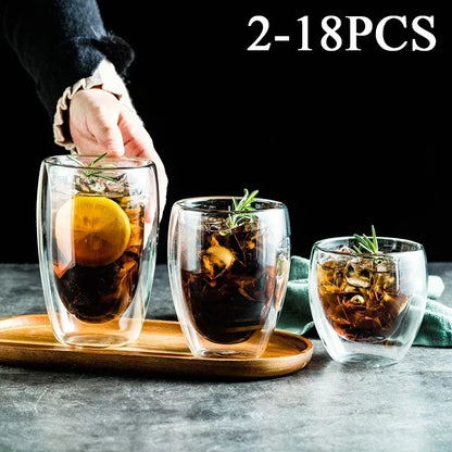 2-18PCS Double Wall Alto Borosilicato Tazze di vetro Tè resistente al calore, caffè, latte e succo di frutta, set da regalo drink bar creativo